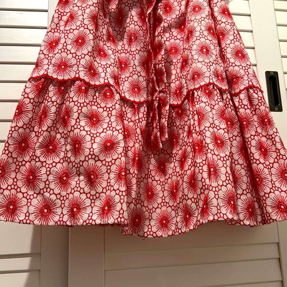 AnnTaylor floral midi dress, belted, floral embroidery, red and white, size SP - Picture 7 of 8